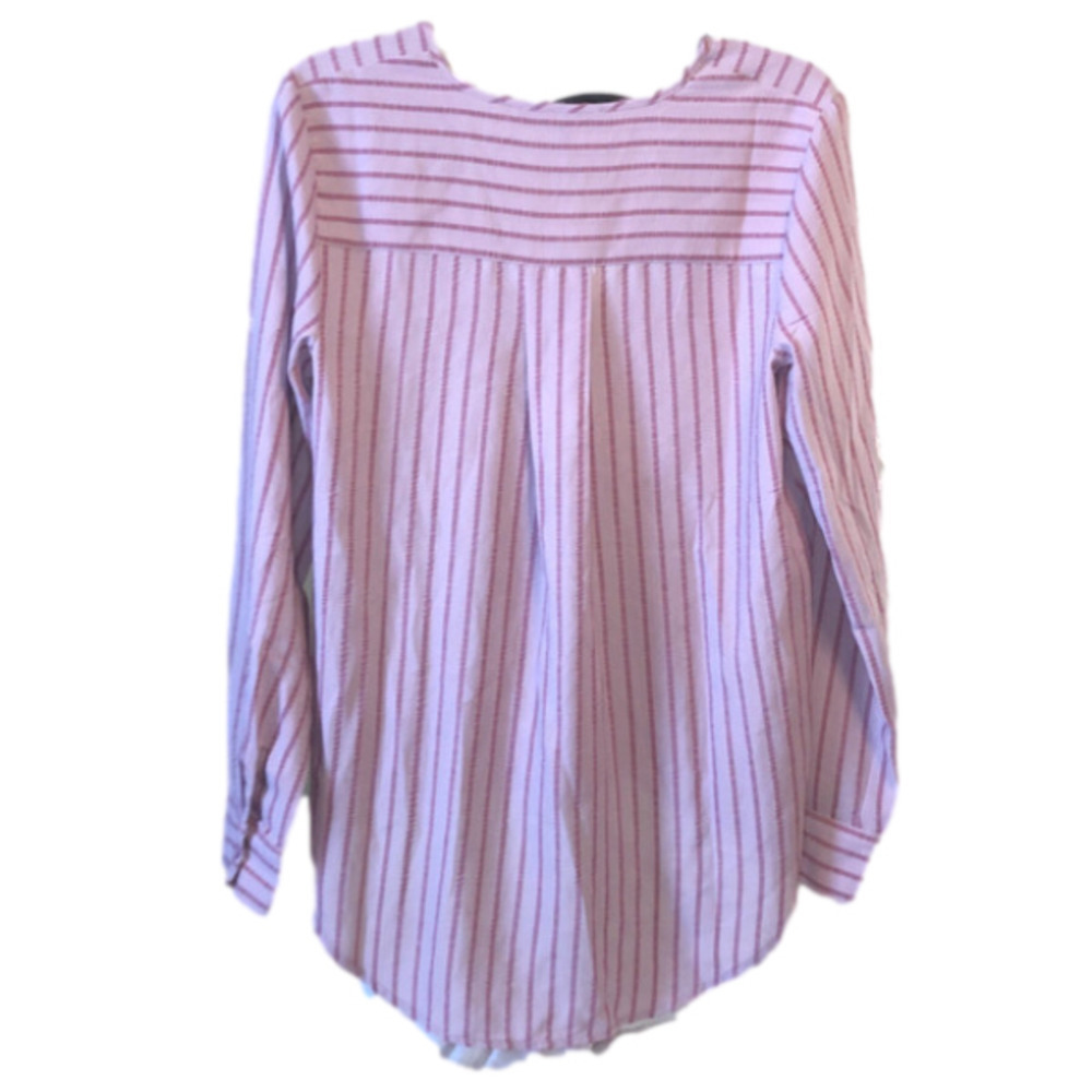 BCBG Maxazria Pink and Mauve Striped Blouse Faux wrap V Neck high-lo Size Small - Picture 7 of 12